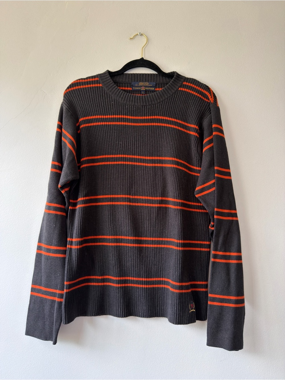 Tommy Hilfiger Mens L Cotton Ribbed Knit Striped Crewneck Sweater Grey Orange
